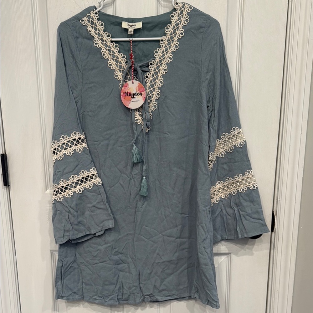 Hayden Blue Gray Embellished Tie Front Tunic